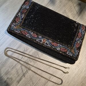 Vintage 1960s Beaded Shpulder & Clutch Purse With Metal Strap